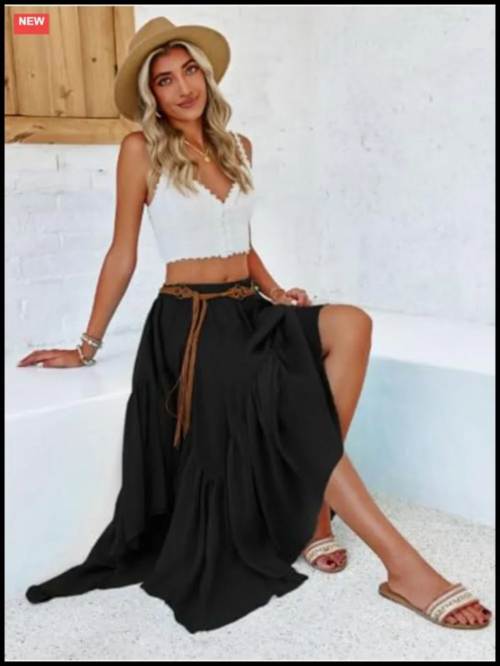 Womens Boho Maxi Skirt Asymmetric High-Low Hem Flowy Long Ruffle Skirt